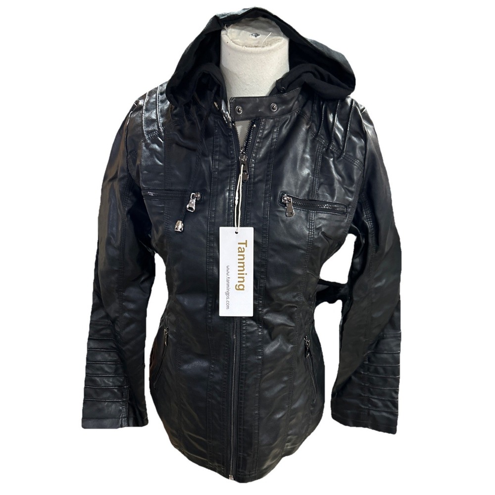 Tanming women's jacket Faux Leather Small Black Motorcycle
